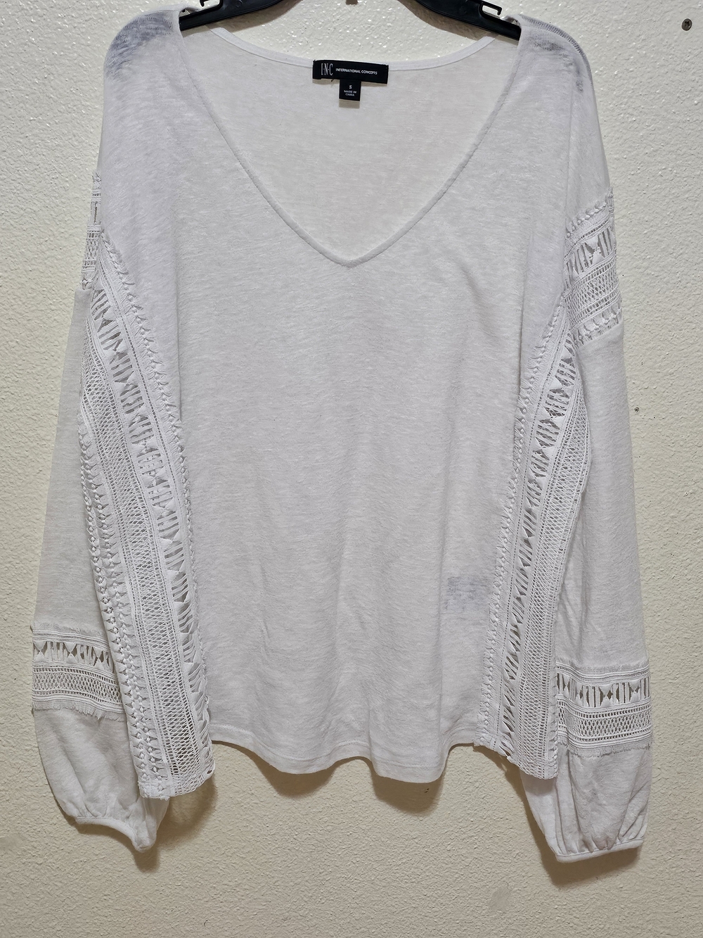 INC White Linen Blend V-Neck Boho Top with Lace Inset Sleeves Size S